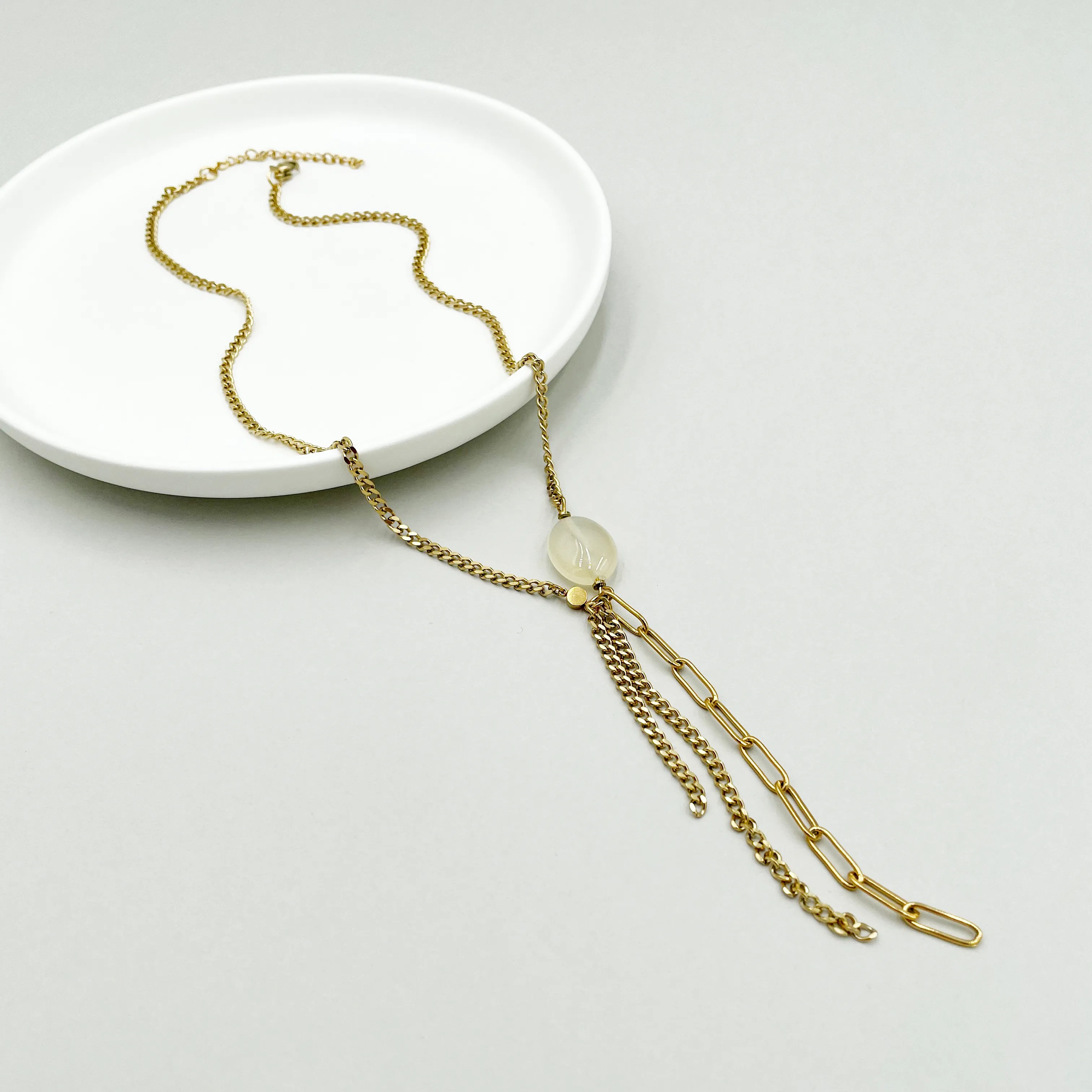 Elegant Lady Geometric Oval Stainless Steel Tassel Plating Gold Plated Necklace_colorza_3