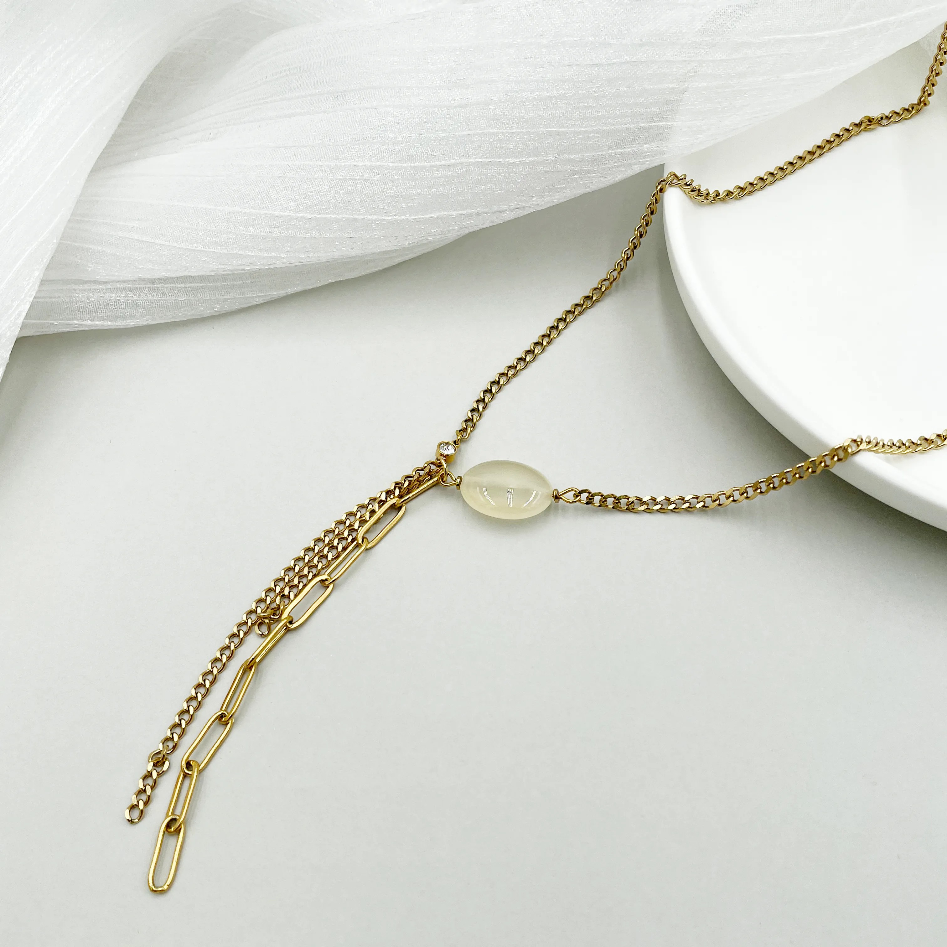 Elegant Lady Geometric Oval Stainless Steel Tassel Plating Gold Plated Necklace_colorza_4