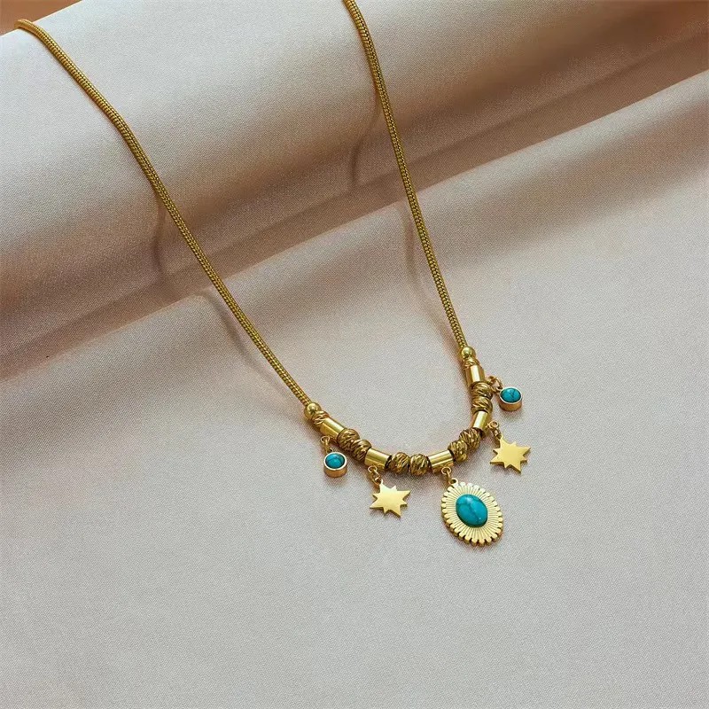Vintage Style Commute Star Oval Titanium Steel Plating Inlay Turquoise 18K Gold Plated Pendant Necklace_colorza_2