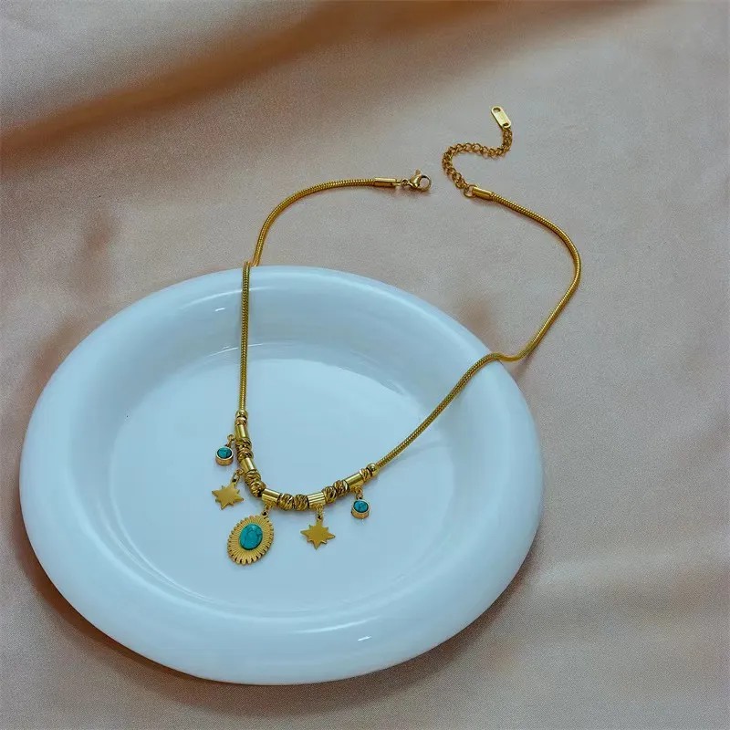 Vintage Style Commute Star Oval Titanium Steel Plating Inlay Turquoise 18K Gold Plated Pendant Necklace_colorza_3
