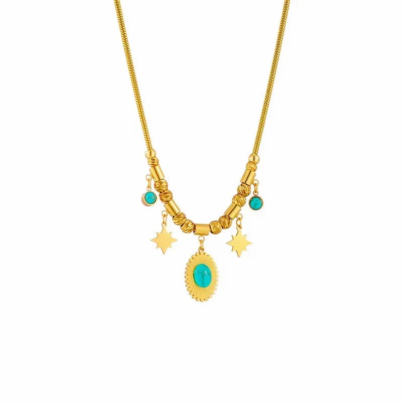 Vintage Style Commute Star Oval Titanium Steel Plating Inlay Turquoise 18K Gold Plated Pendant Necklace_colorza_4