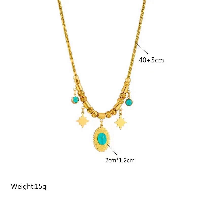 Vintage Style Commute Star Oval Titanium Steel Plating Inlay Turquoise 18K Gold Plated Pendant Necklace_colorza_5