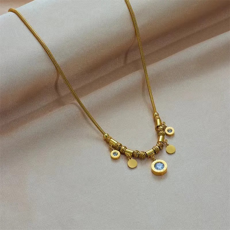 Punk Roman Style Round Titanium Steel Plating Inlay Artificial Rhinestones 18K Gold Plated Pendant Necklace_colorza_2