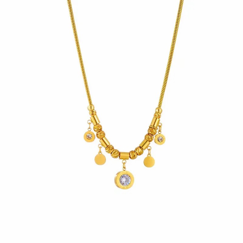 Punk Roman Style Round Titanium Steel Plating Inlay Artificial Rhinestones 18K Gold Plated Pendant Necklace_colorza_4