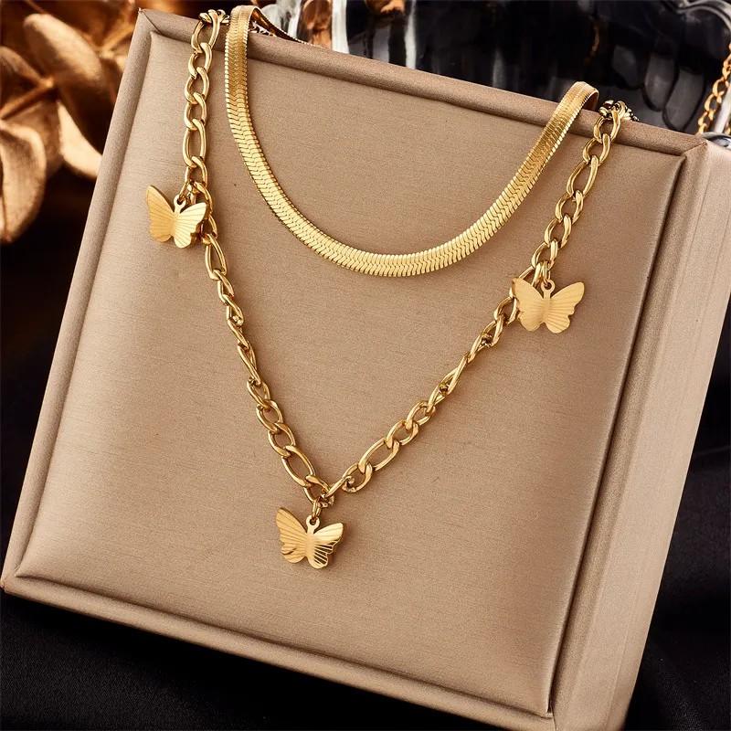 Basic Retro Butterfly Titanium Steel Plating 18K Gold Plated Layered Necklaces_colorza_1