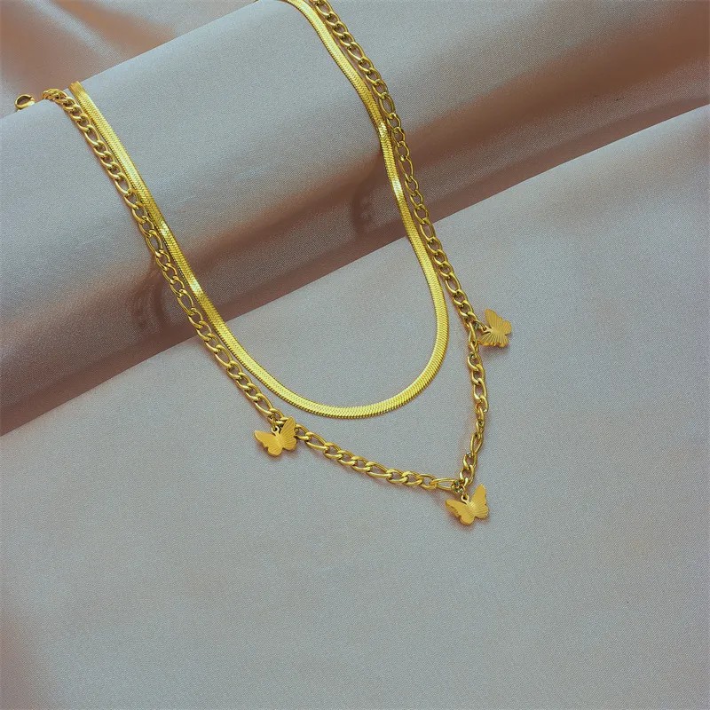 Basic Retro Butterfly Titanium Steel Plating 18K Gold Plated Layered Necklaces_colorza_2