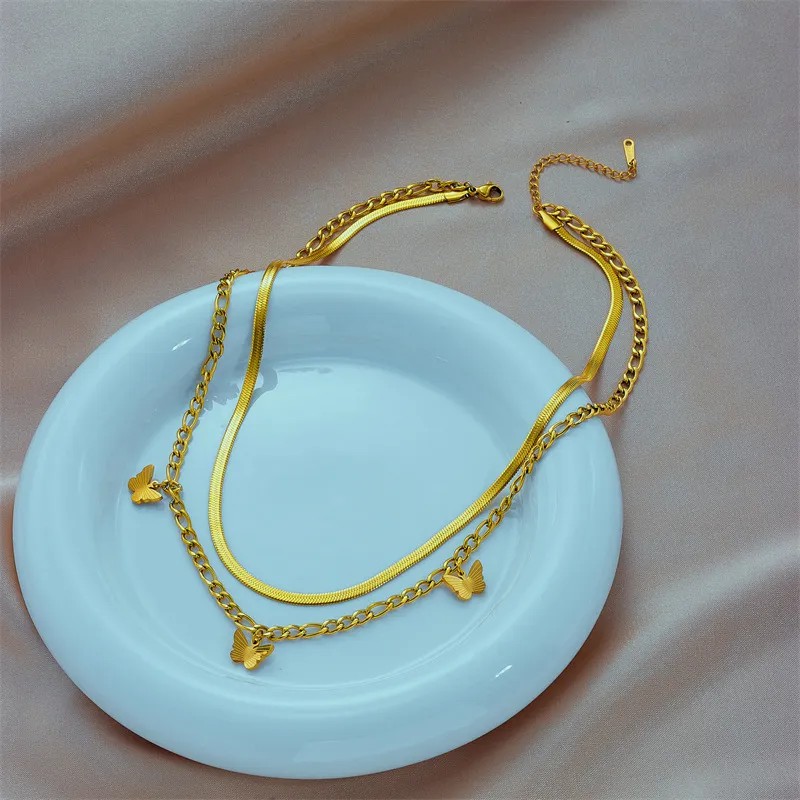 Basic Retro Butterfly Titanium Steel Plating 18K Gold Plated Layered Necklaces_colorza_3