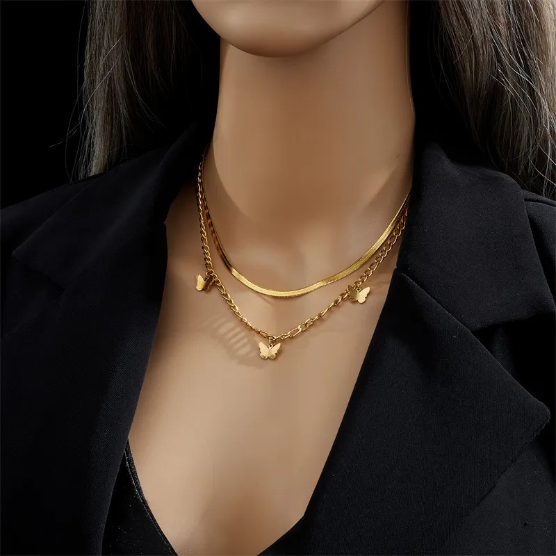 Basic Retro Butterfly Titanium Steel Plating 18K Gold Plated Layered Necklaces_colorza_5