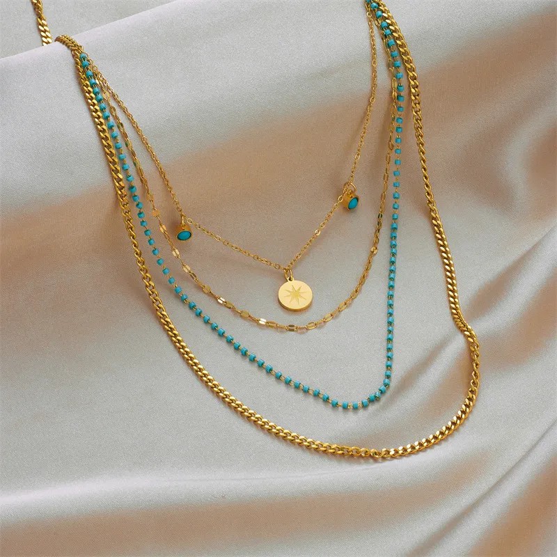 Retro Commute Round Eight-Pointed Stars Titanium Steel Plating Inlay Turquoise 18K Gold Plated Layered Necklaces_colorza_2