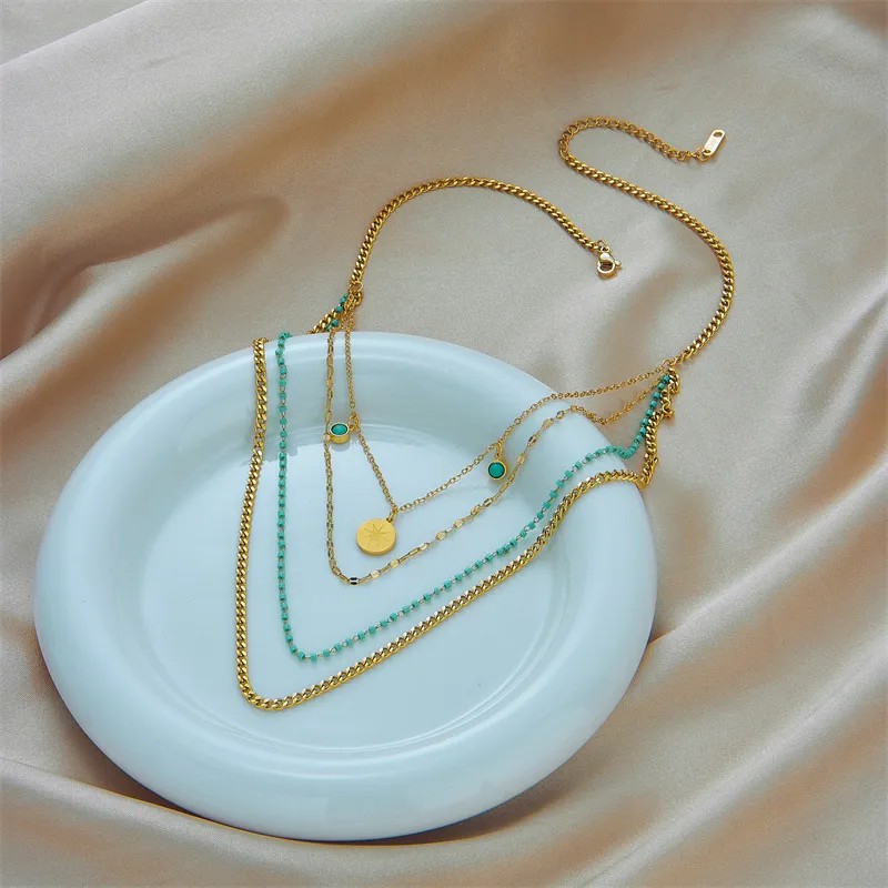 Retro Commute Round Eight-Pointed Stars Titanium Steel Plating Inlay Turquoise 18K Gold Plated Layered Necklaces_colorza_3