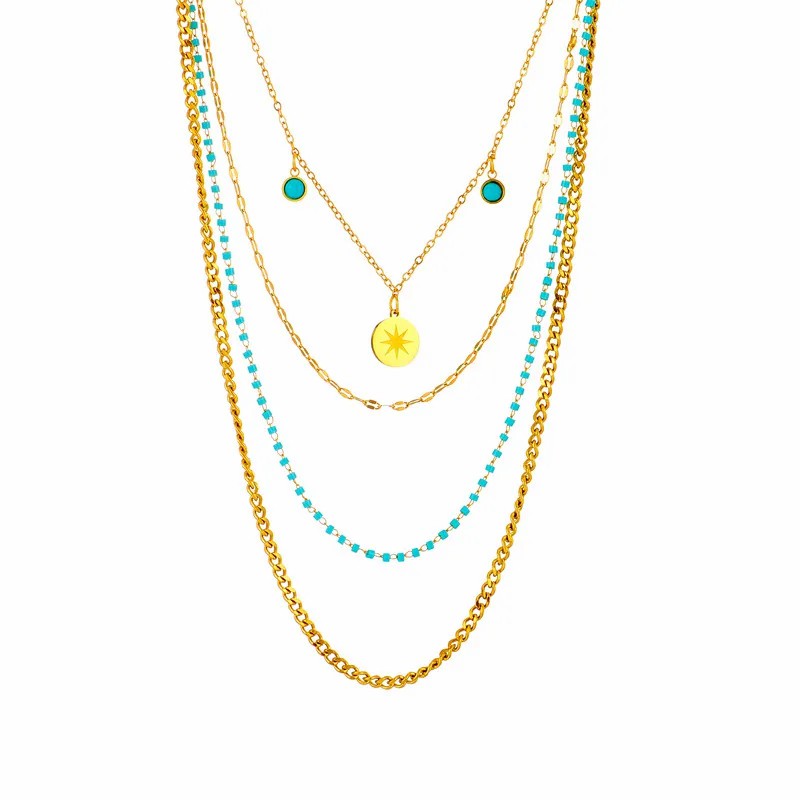 Retro Commute Round Eight-Pointed Stars Titanium Steel Plating Inlay Turquoise 18K Gold Plated Layered Necklaces_colorza_4