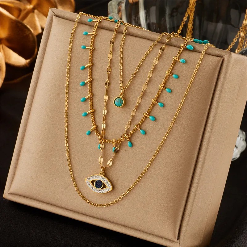 Retro Modern Style Eye Titanium Steel Plating Hollow Out Inlay Turquoise Zircon 18K Gold Plated Layered Necklaces_colorza_1