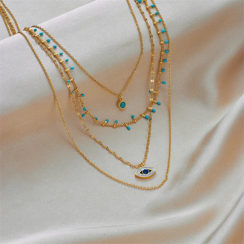 Retro Modern Style Eye Titanium Steel Plating Hollow Out Inlay Turquoise Zircon 18K Gold Plated Layered Necklaces_colorza_2