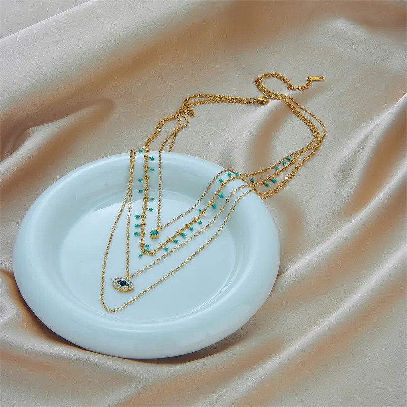 Retro Modern Style Eye Titanium Steel Plating Hollow Out Inlay Turquoise Zircon 18K Gold Plated Layered Necklaces_colorza_3