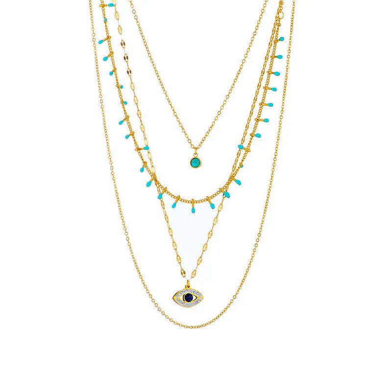 Retro Modern Style Eye Titanium Steel Plating Hollow Out Inlay Turquoise Zircon 18K Gold Plated Layered Necklaces_colorza_4