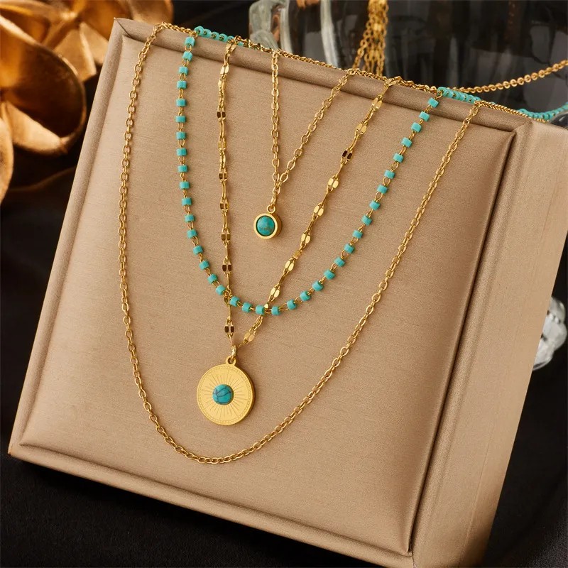 Casual Retro Round Titanium Steel Beaded Plating Inlay Turquoise 18K Gold Plated Layered Necklaces_colorza_1
