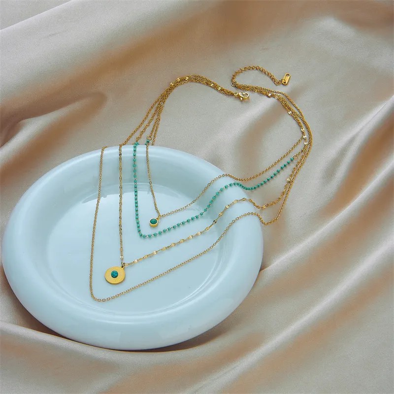 Casual Retro Round Titanium Steel Beaded Plating Inlay Turquoise 18K Gold Plated Layered Necklaces_colorza_3