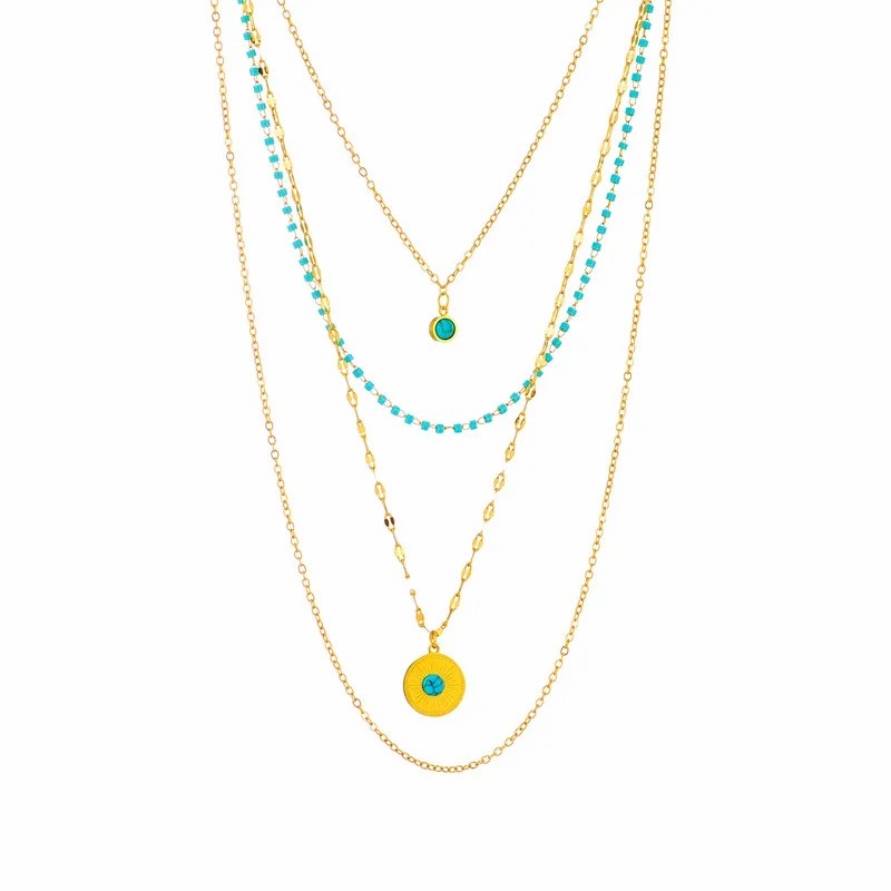 Casual Retro Round Titanium Steel Beaded Plating Inlay Turquoise 18K Gold Plated Layered Necklaces_colorza_4