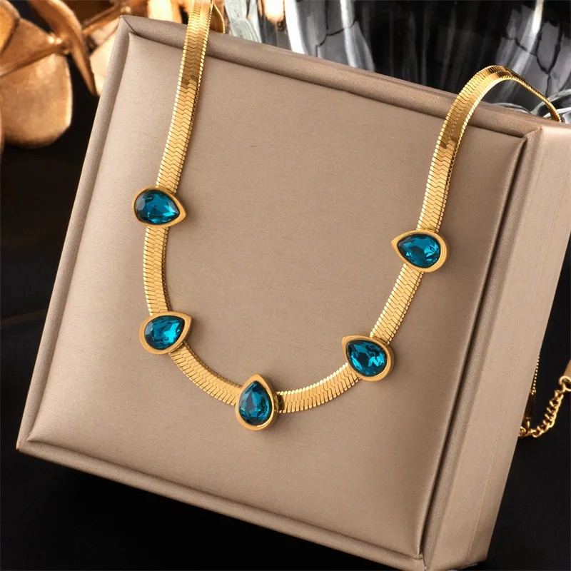 Casual Commute Water Droplets Titanium Steel Plating Inlay Artificial Rhinestones 18K Gold Plated Necklace_colorza_1