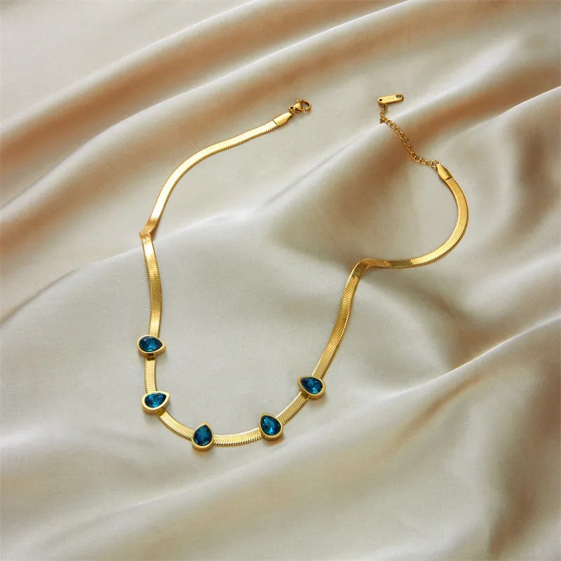 Casual Commute Water Droplets Titanium Steel Plating Inlay Artificial Rhinestones 18K Gold Plated Necklace_colorza_3
