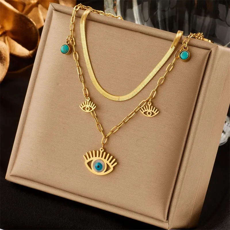 Vintage Style Round Devil'S Eye Titanium Steel Plating Inlay Turquoise 18K Gold Plated Layered Necklaces_colorza_1