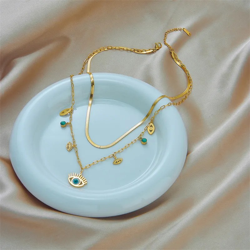 Vintage Style Round Devil'S Eye Titanium Steel Plating Inlay Turquoise 18K Gold Plated Layered Necklaces_colorza_3