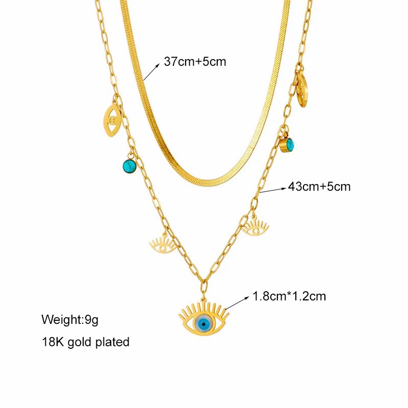 Vintage Style Round Devil'S Eye Titanium Steel Plating Inlay Turquoise 18K Gold Plated Layered Necklaces_colorza_4