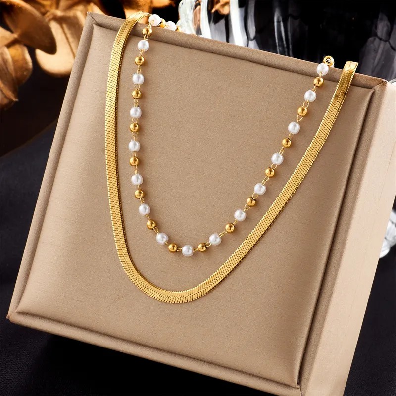 Casual Simple Style Solid Color Titanium Steel Beaded Pearl Plating 18K Gold Plated Layered Necklaces_colorza_1