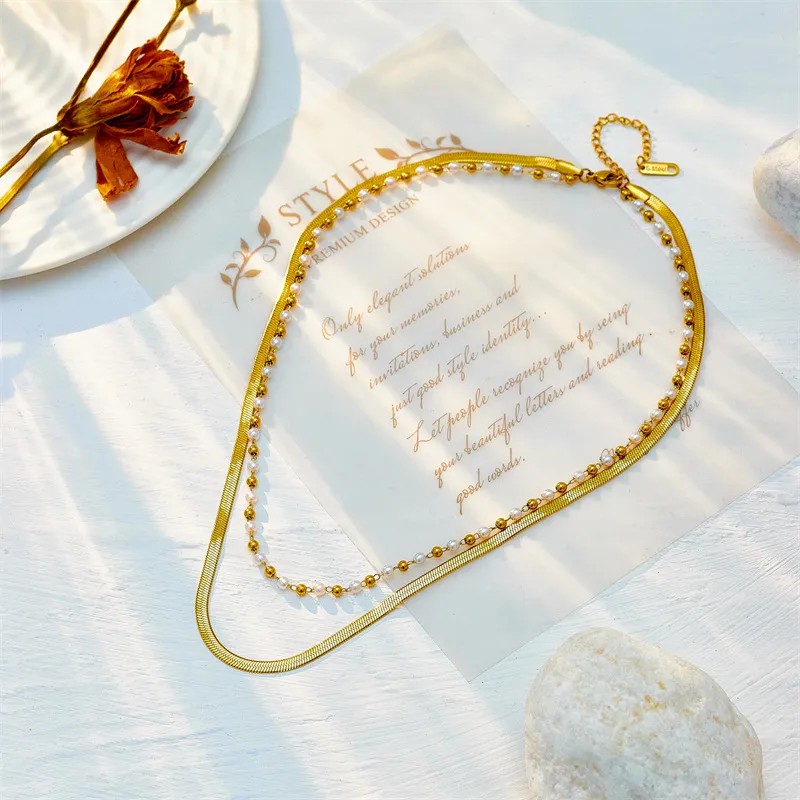 Casual Simple Style Solid Color Titanium Steel Beaded Pearl Plating 18K Gold Plated Layered Necklaces_colorza_2