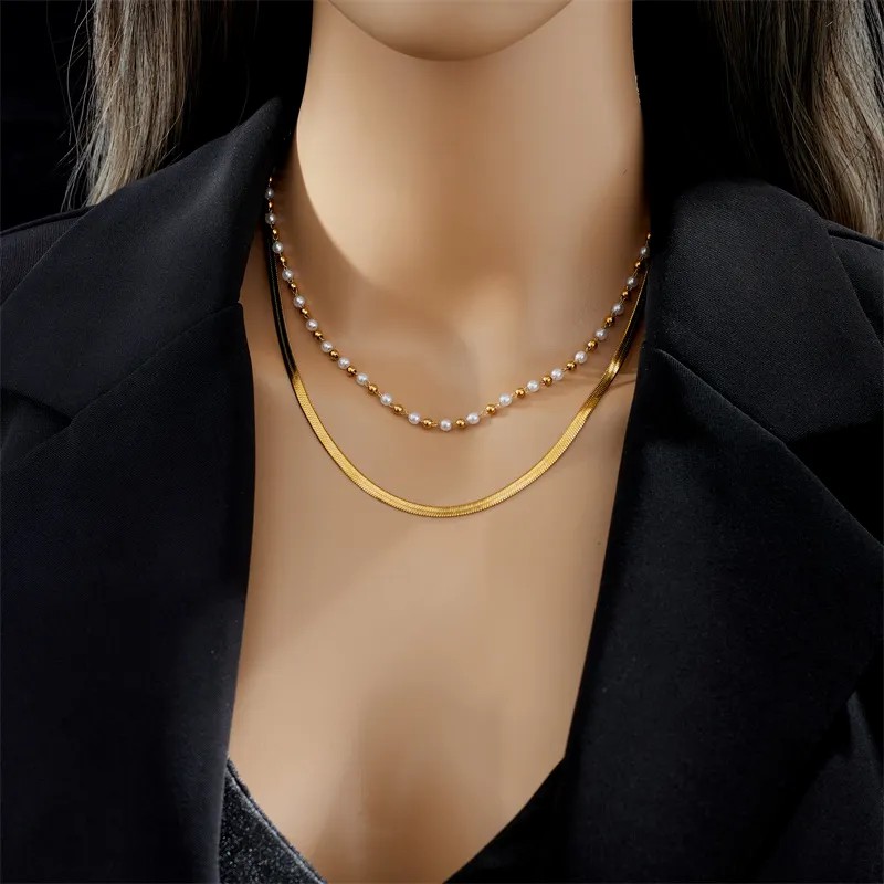 Casual Simple Style Solid Color Titanium Steel Beaded Pearl Plating 18K Gold Plated Layered Necklaces_colorza_5