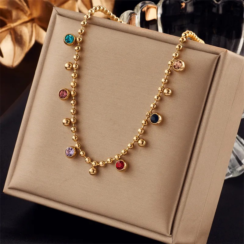 Casual Simple Style Round Titanium Steel Plating Inlay Artificial Rhinestones 18K Gold Plated Necklace_colorza_1