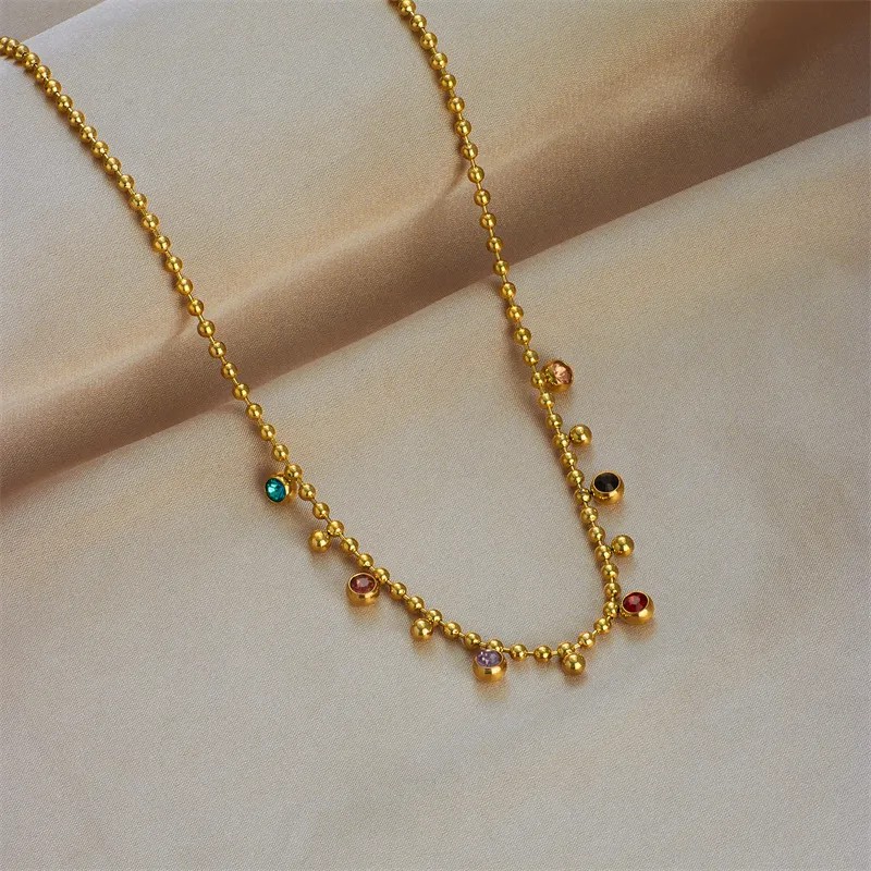 Casual Simple Style Round Titanium Steel Plating Inlay Artificial Rhinestones 18K Gold Plated Necklace_colorza_2