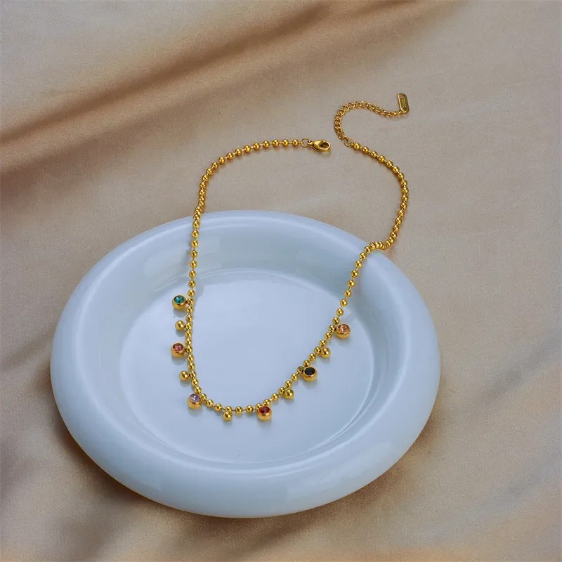 Casual Simple Style Round Titanium Steel Plating Inlay Artificial Rhinestones 18K Gold Plated Necklace_colorza_3
