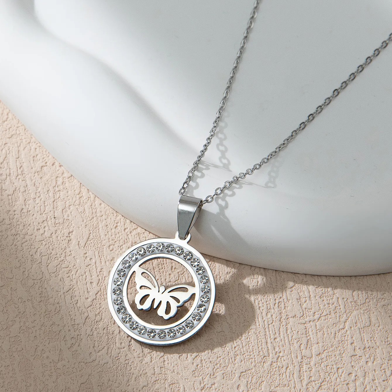 Commute Korean Style Letter Wings Butterfly Stainless Steel Plating Inlay Rhinestones Silver Plated Pendant Necklace_colorza_5