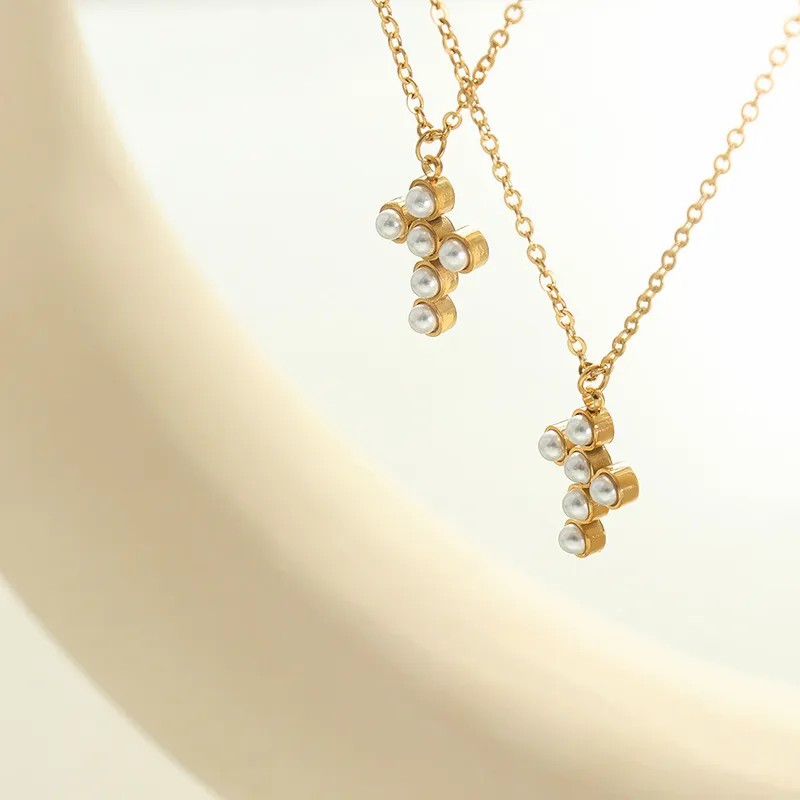 Simple Style Cross Titanium Steel Plating Inlay Artificial Pearls Pendant Necklace_colorza_3