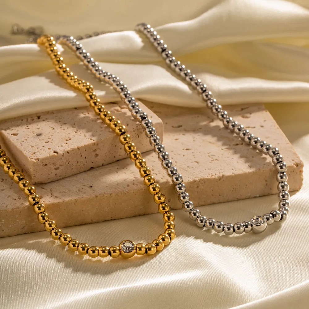 Classic Style Streetwear Round Stainless Steel Beaded Necklace_colorza_4