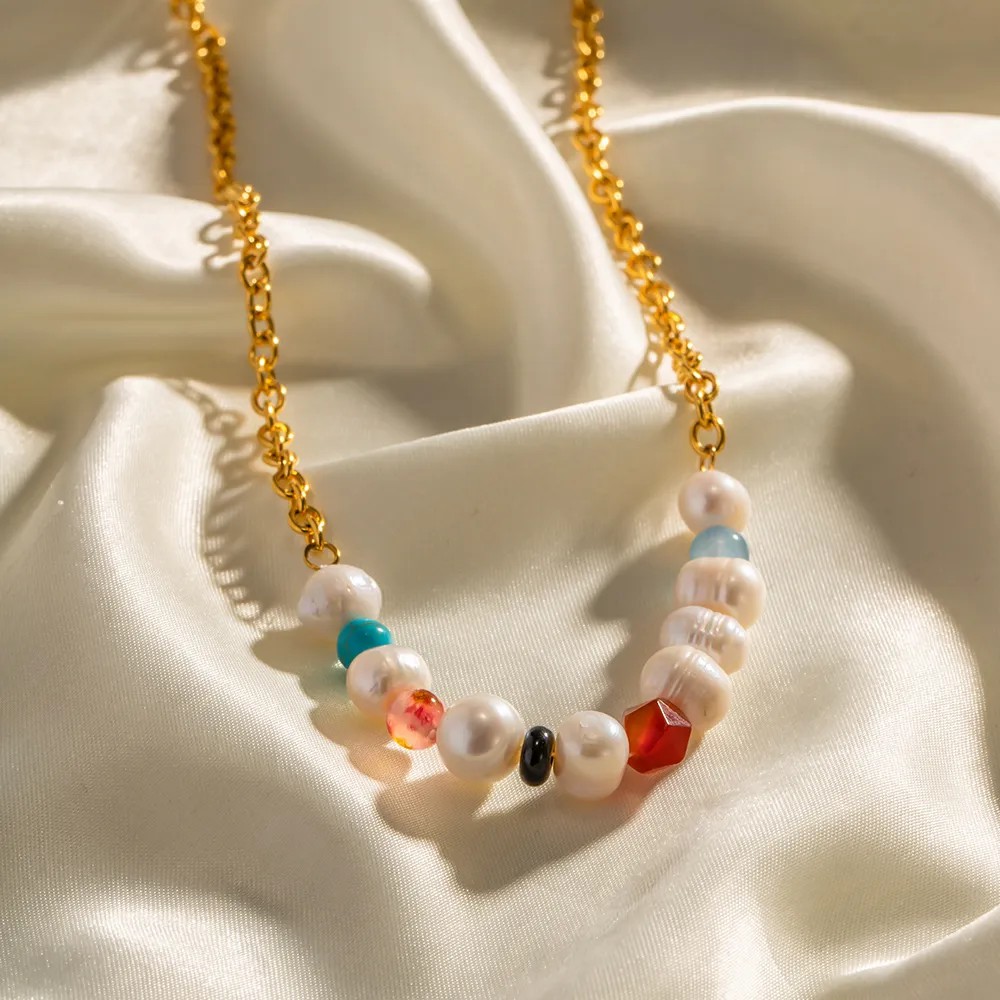Elegant Lady Geometric Stainless Steel Natural Stone Freshwater Pearl Plating 18K Gold Plated Necklace_colorza_1