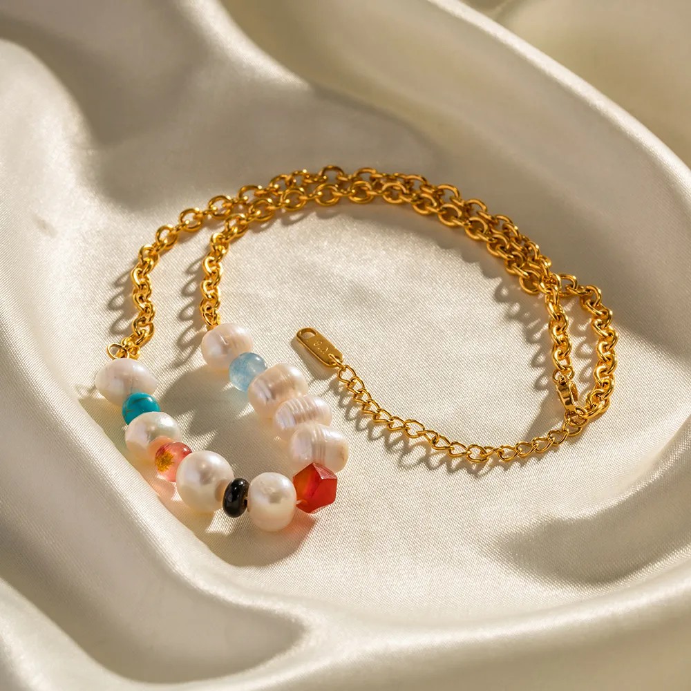 Elegant Lady Geometric Stainless Steel Natural Stone Freshwater Pearl Plating 18K Gold Plated Necklace_colorza_2