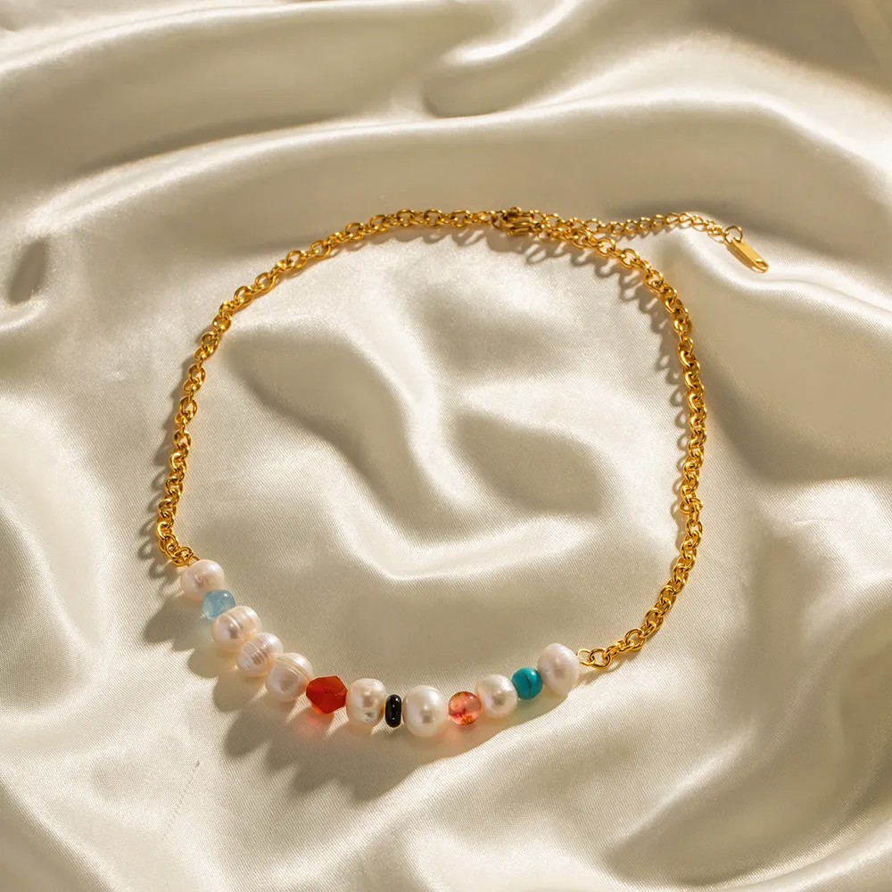 Elegant Lady Geometric Stainless Steel Natural Stone Freshwater Pearl Plating 18K Gold Plated Necklace_colorza_3