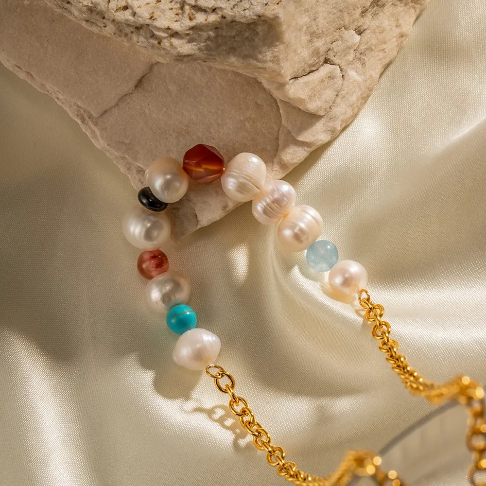 Elegant Lady Geometric Stainless Steel Natural Stone Freshwater Pearl Plating 18K Gold Plated Necklace_colorza_4
