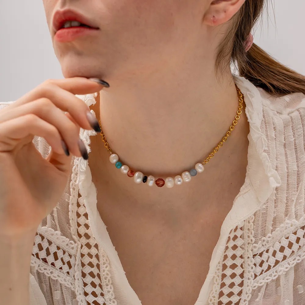 Elegant Lady Geometric Stainless Steel Natural Stone Freshwater Pearl Plating 18K Gold Plated Necklace_colorza_7