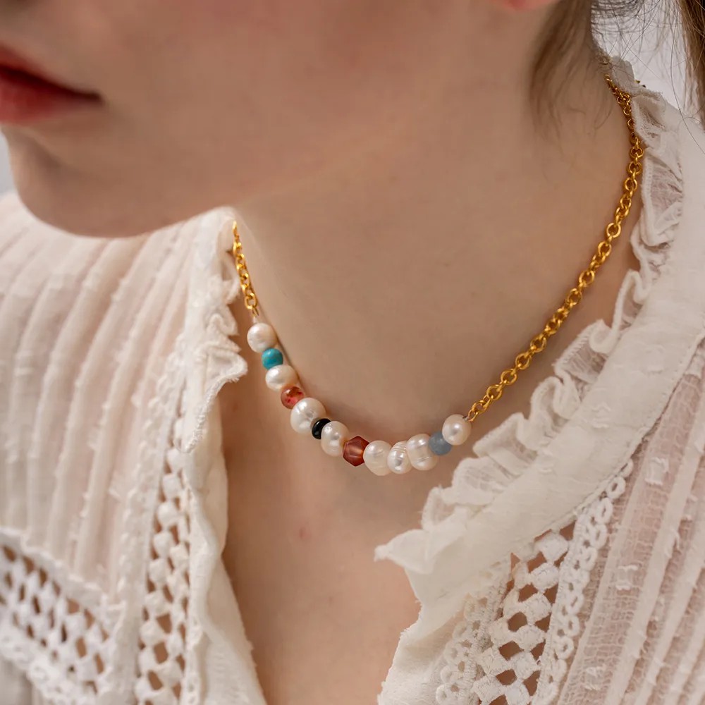 Elegant Lady Geometric Stainless Steel Natural Stone Freshwater Pearl Plating 18K Gold Plated Necklace_colorza_8