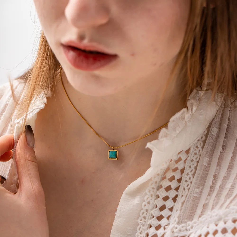 Elegant Square Stainless Steel Inlay Turquoise 18K Gold Plated Pendant Necklace_colorza_1