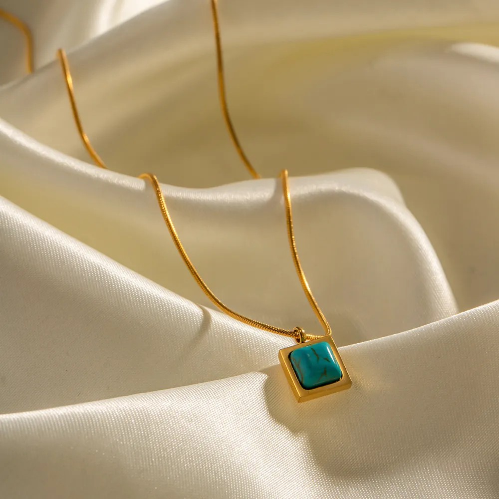 Elegant Square Stainless Steel Inlay Turquoise 18K Gold Plated Pendant Necklace_colorza_2