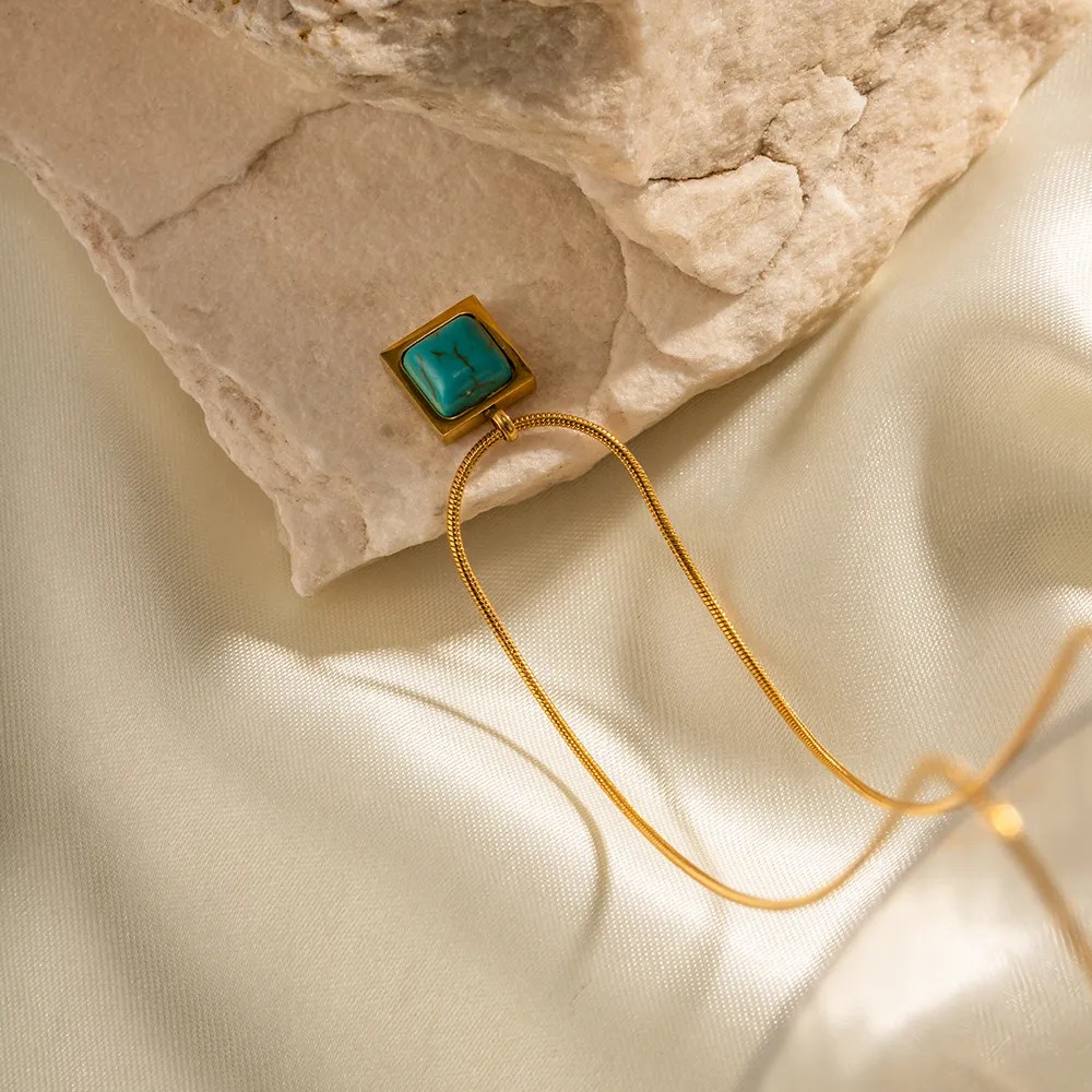 Elegant Square Stainless Steel Inlay Turquoise 18K Gold Plated Pendant Necklace_colorza_5