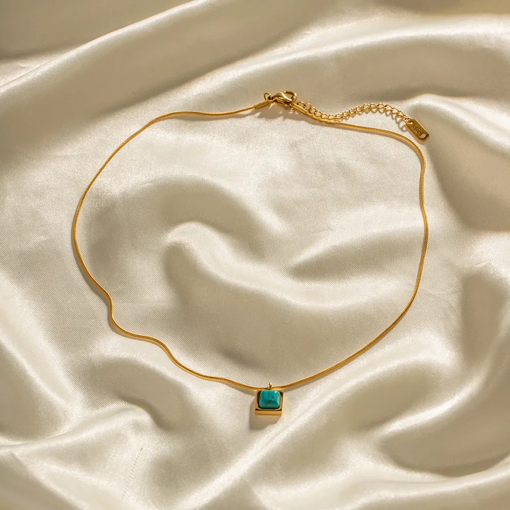 Elegant Square Stainless Steel Inlay Turquoise 18K Gold Plated Pendant Necklace_colorza_6