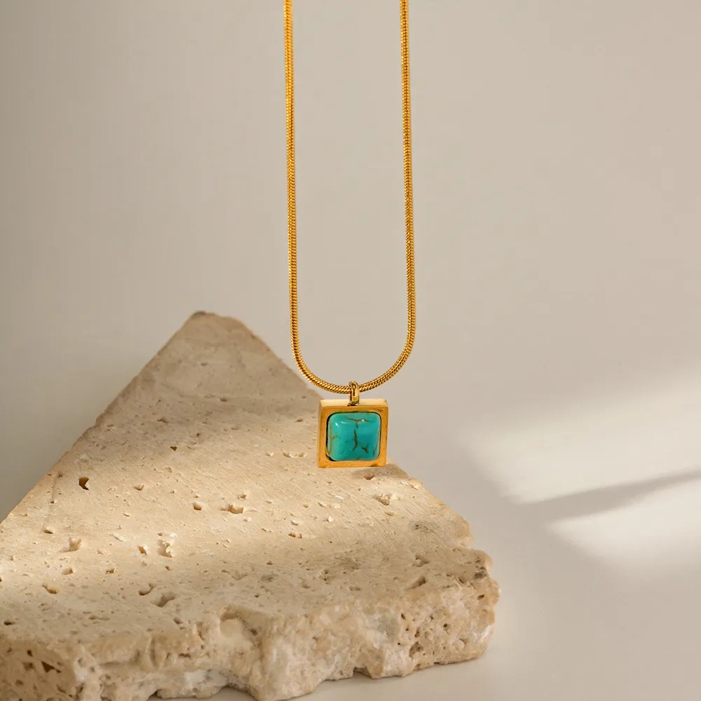 Elegant Square Stainless Steel Inlay Turquoise 18K Gold Plated Pendant Necklace_colorza_7