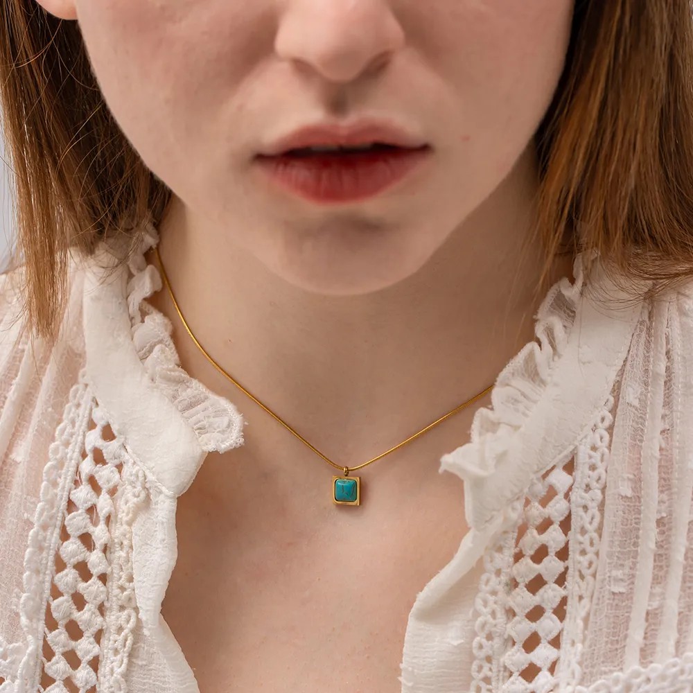 Elegant Square Stainless Steel Inlay Turquoise 18K Gold Plated Pendant Necklace_colorza_10