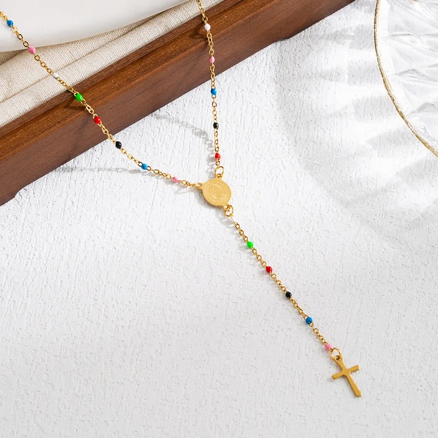 Elegant Classical Cross Virgin Mary Priest Stainless Steel Beaded Plating 18K Gold Plated Necklace_colorza_1