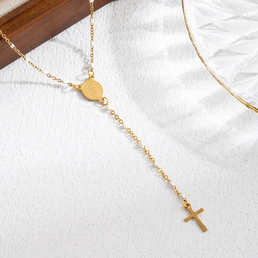 Elegant Classical Cross Virgin Mary Priest Stainless Steel Beaded Plating 18K Gold Plated Necklace_colorza_2